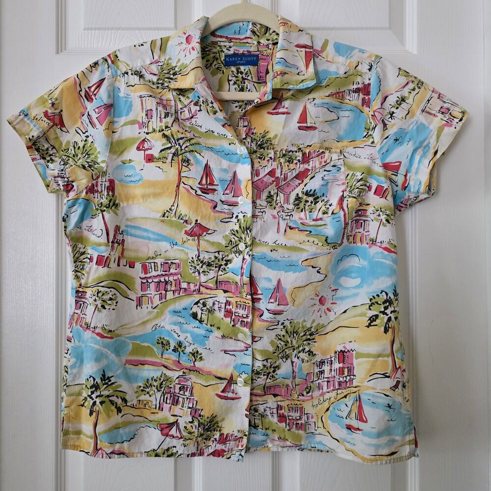 Karen Scott Sport "Paradise Island" Short Sleeve Button Up Shirt Size Medium